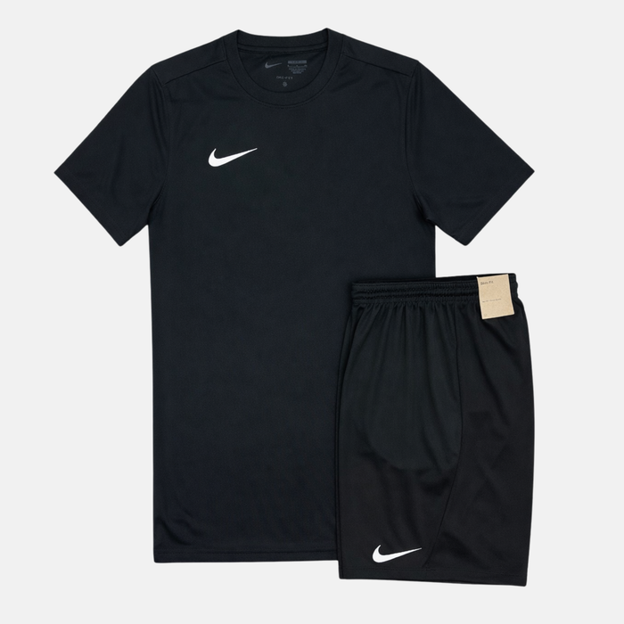 Black t-shirt and black shorts with Nike logos on a white background