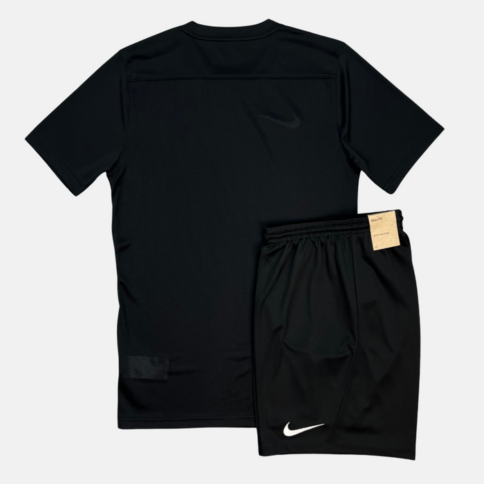 Black t-shirt and black shorts with Nike logos on a white background