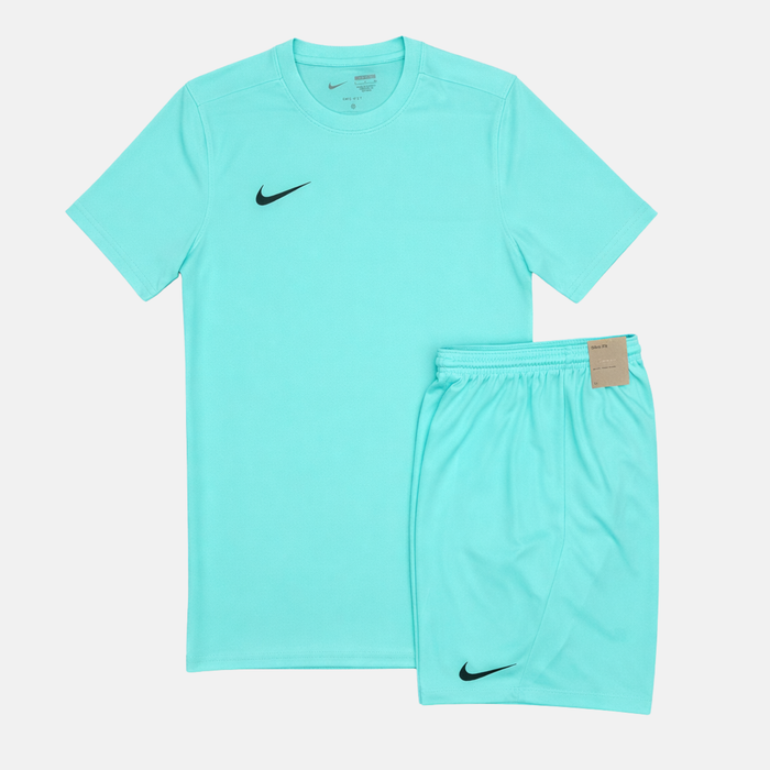 Turquoise t-shirt and Turquoise shorts with Nike logos on a white background