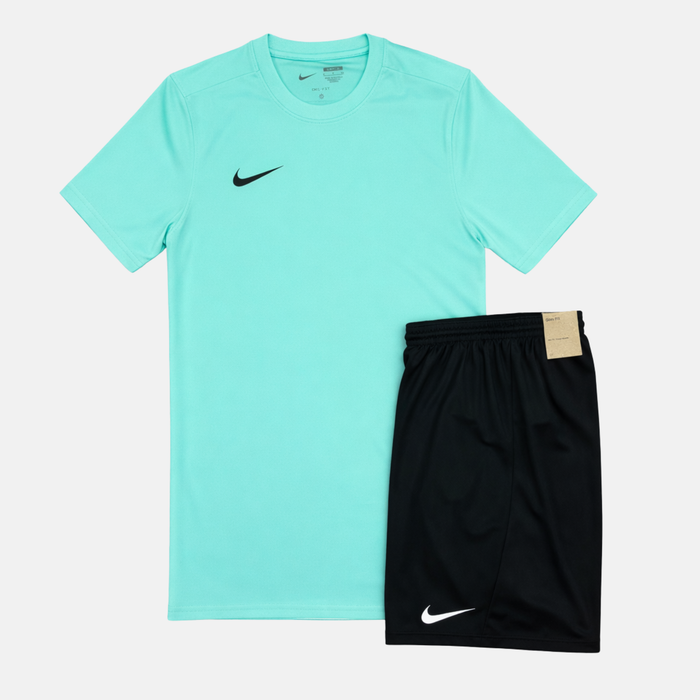 Turquoise t-shirt and black shorts with Nike logos on a white background