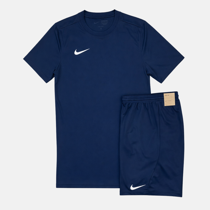 Navy blue athletic shirt and shorts set with Nike logo on a white background