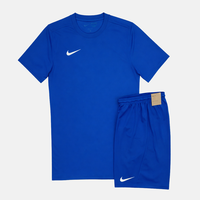 Blue Nike t-shirt and shorts set on a white background