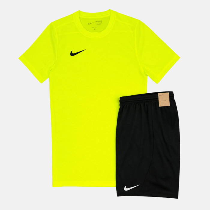 Yellow t-shirt and black shorts with Nike logos on a white background
