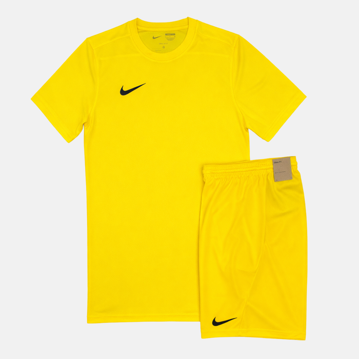 Yellow t-shirt and Yellow shorts with Nike logos on a white background