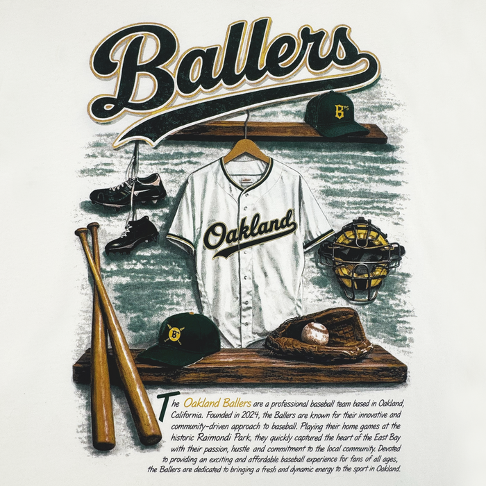 A graphic displays the Oakland Ballers Dugout Tee, plus a hat, glove, mitt, and two bats on a rack. Bold text reads "Ballers." Below is info on the pro team founded in 2024 with a strong community focus.