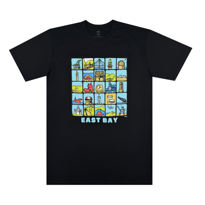 The Oaklandish East Bay Landmarks Tee is a black shirt with a colorful illustrated grid of local landmarks by an East Bay artist and “EAST BAY” in bold blue letters below the design, shown laid flat on a white background.
