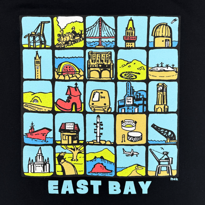The Oaklandish East Bay Landmarks Tee showcases 20 vibrant illustrated squares of local bridges, hills, buildings, and boats. Outlined in black on blue and yellow backgrounds, it boldly states "EAST BAY" in large light blue letters below.