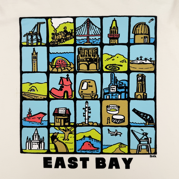The Oaklandish East Bay Landmarks Tee features a vibrant 4x5 grid illustration of cartoon-style East Bay landmarks with black outlines and blue, green, and brown accents above bold “EAST BAY” text.