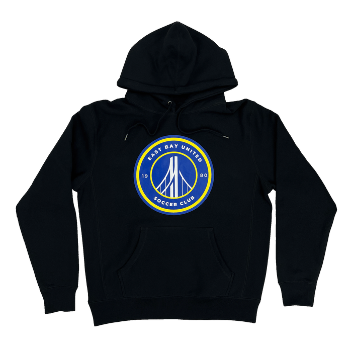 Front view of black hoodie sweatshirt with round blue, white, and yellow East Bay United Soccer Club 1980 logo on the front chest.