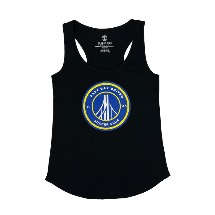 Front view of a black women’s tank top with round blue, white, and yellow East Bay United Soccer Club 1980 logo on the front chest.