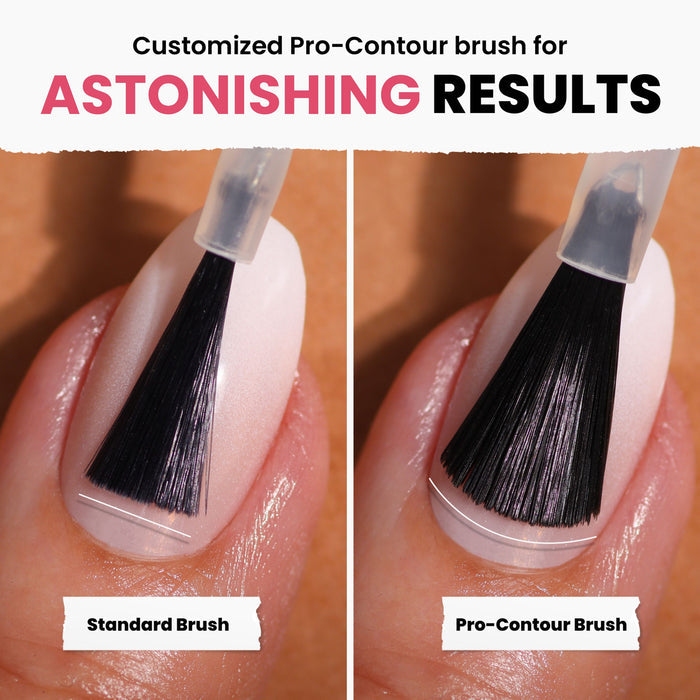 A comparison between a standard brush and LONDONTOWN's Electric Flamingo (Professional) pro-contour brush on nails, highlighting differences in bristle shape and flamboyant coverage.