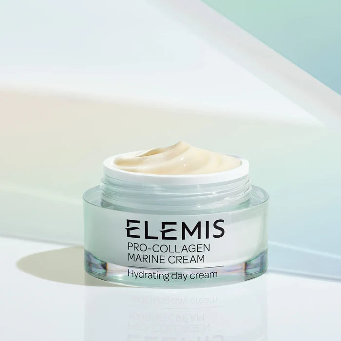 Elemis Pro-Collagen Anti-Aging Marine Cream jar with a white lid and sleek packaging, designed for youthful, radiant skin.