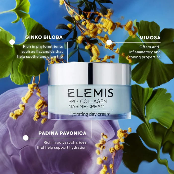 Elemis Pro-Collagen Anti-Aging Marine Cream 50ml jar with a sleek white and blue packaging, suitable for daily skincare.