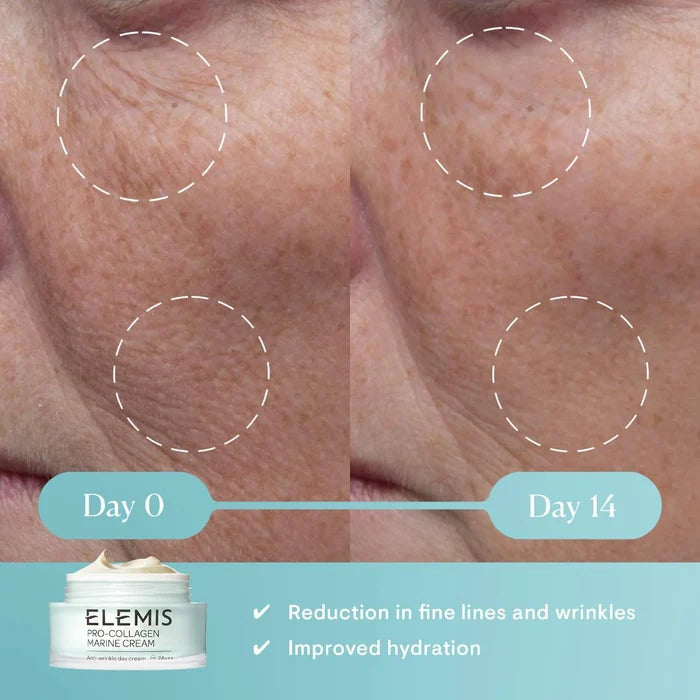 Elemis Pro-Collagen Anti-Aging Marine Cream jar with 50ml capacity, featuring a sleek design and navy blue lid.