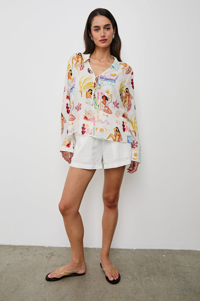 Elm Collared  V-Neck Tie Front Top with Long Sleeves in Ivory Ladies Bathing Colorway. Full Body Front View Shown on Model.