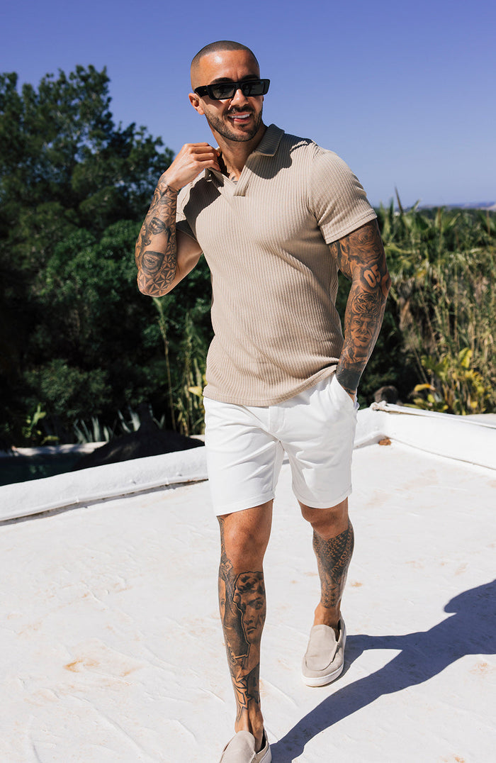 Elysee Slim Ribbed Revere Polo in Beige