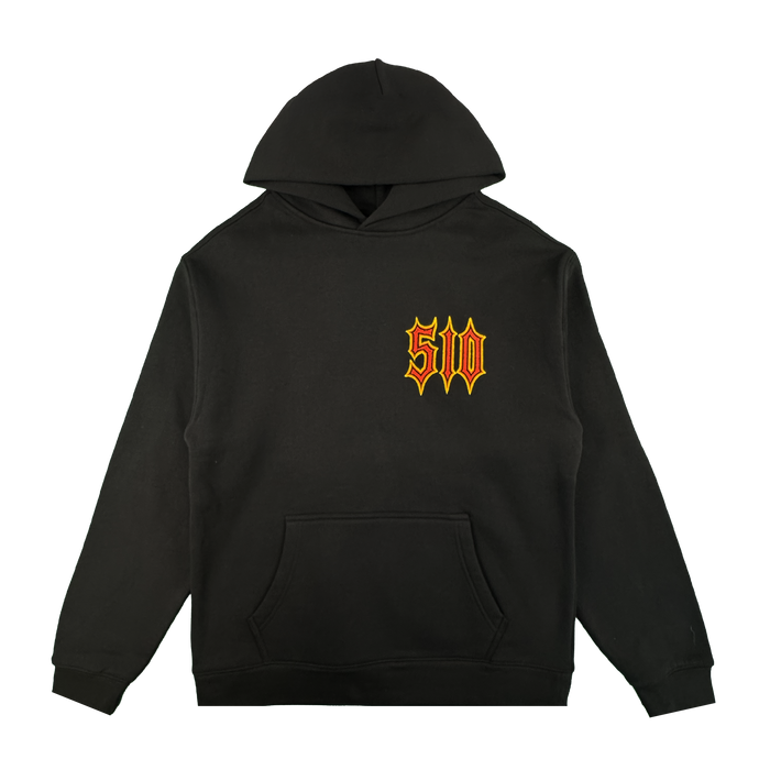 The Oaklandish Ember Hoodie is a black unisex fleece pullover with a front pocket and “510” in yellow, gothic-style font outlined in red on the left chest. A plain white background highlights this stylish hoodie.