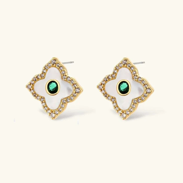 Emerald Bloom Clover Necklace with matching gold-tone clover earrings, white inlays, sparkling clear stones and green centers