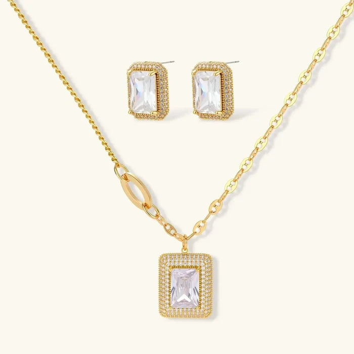 Emerald-Cut Zirconia Halo Necklace and matching stud earrings in gold-tone metal, with clear rectangular stones and pavé halos