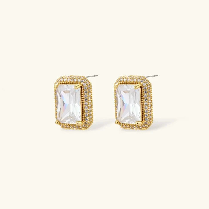 Emerald-Cut Zirconia Halo Necklace set with gold-tone rectangular stud earrings, clear stones, and pavé halos