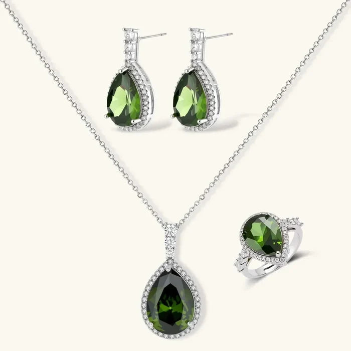 Emerald Dreams Green Zirconia 3-Piece Jewelry Set with pear-cut green stones, clear pavé halos and silver-tone metal