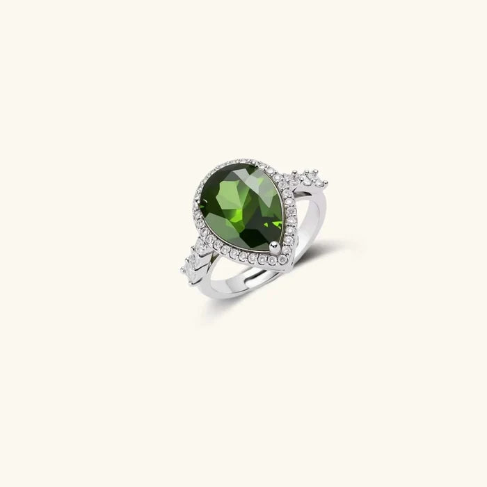 Emerald Dreams Green Zirconia 3-Piece Jewelry Set features a silver-tone ring with a faceted green pear-cut stone and clear pavé halo.