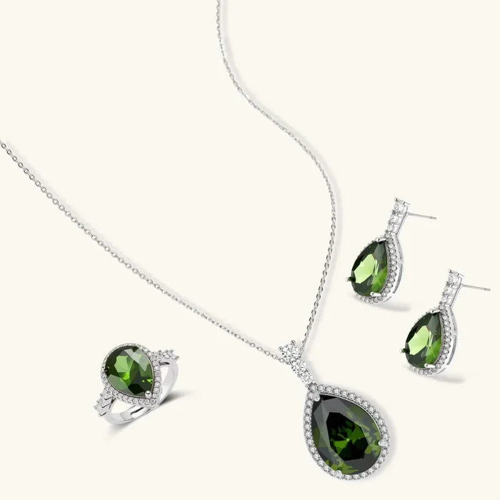 Emerald Dreams Green Zirconia 3-Piece Jewelry Set with silver-tone necklace, drop earrings and ring featuring green pear-cut stones and clear halos