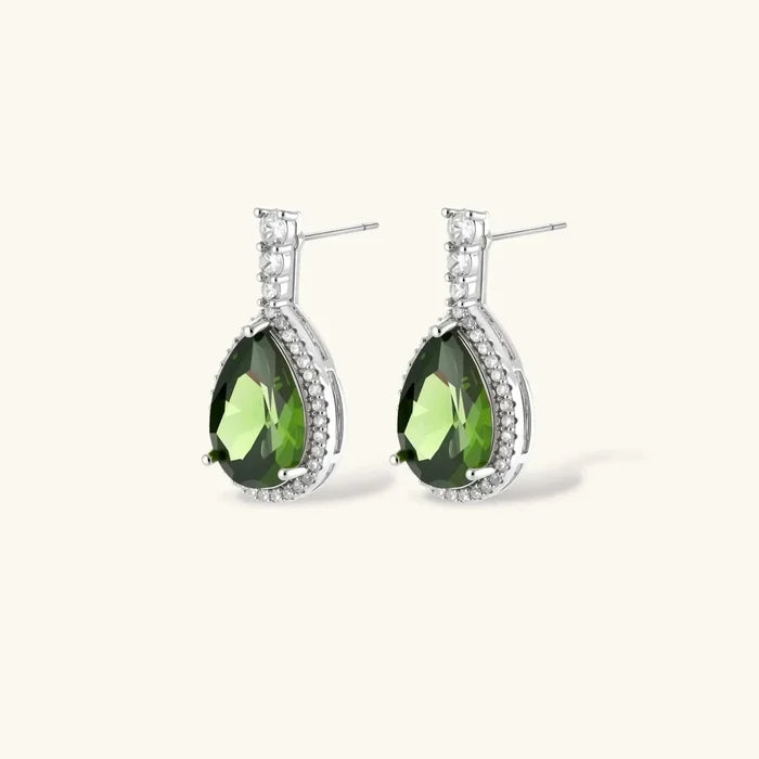 Emerald Dreams Green Zirconia 3-Piece Jewelry Set with silver-tone drop earrings, pear-cut green stones and clear halos