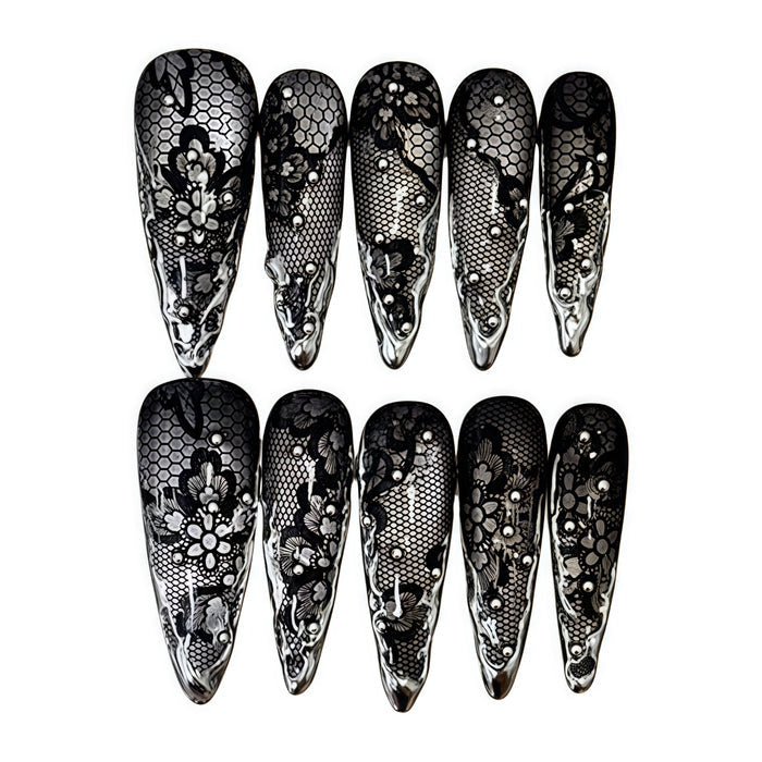 ETERNITY'C Handmade Custom Black Lace Liquid Metal Pressed On Wearable Nails T5024