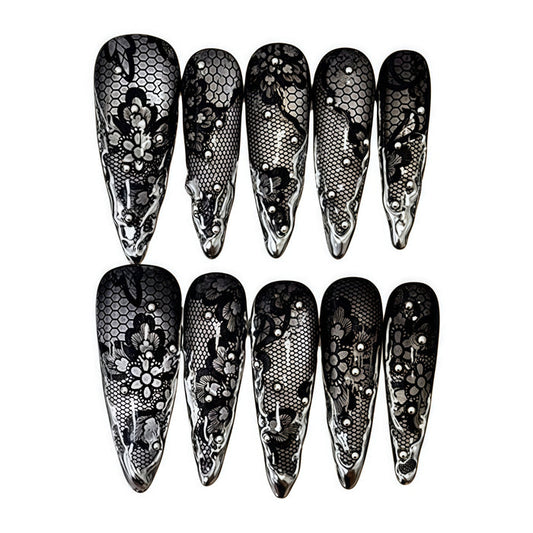 ETERNITY'C Handmade Custom Black Lace Liquid Metal Pressed On Wearable Nails T5024