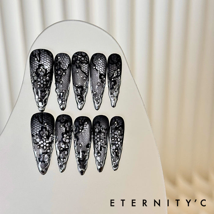 ETERNITY'C Handmade Custom Black Lace Liquid Metal Pressed On Wearable Nails T5024