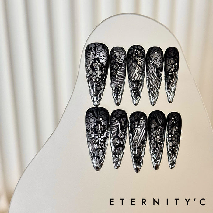 ETERNITY'C Handmade Custom Black Lace Liquid Metal Pressed On Wearable Nails T5024