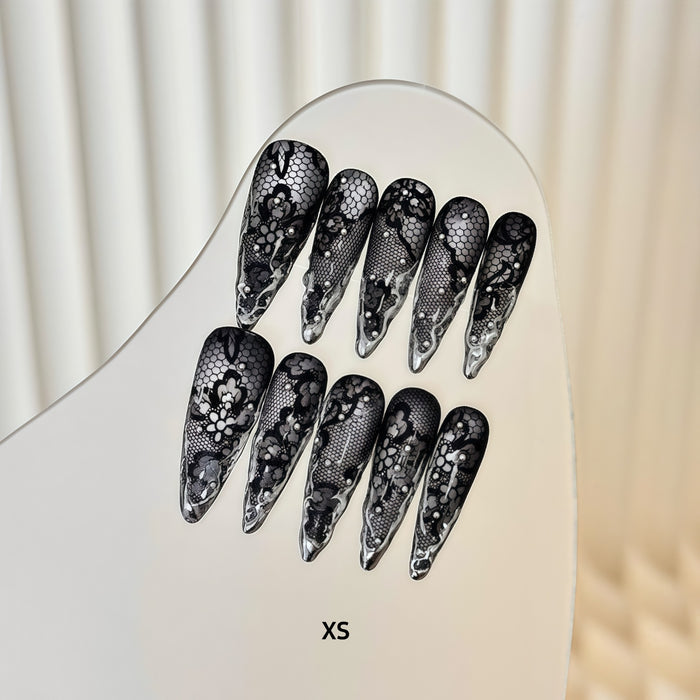 ETERNITY'C Handmade Custom Black Lace Liquid Metal Pressed On Wearable Nails T5024