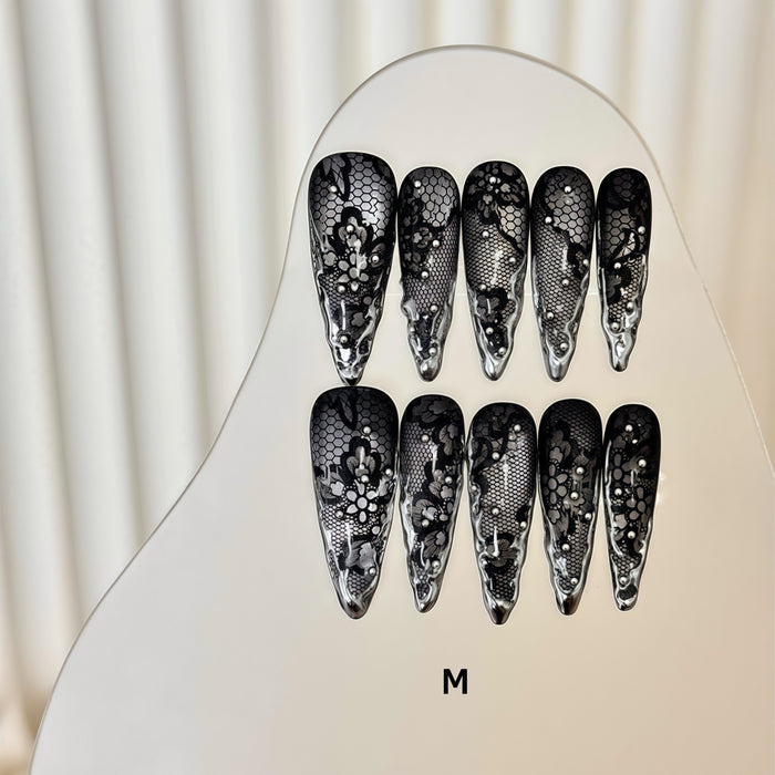 ETERNITY'C Handmade Custom Black Lace Liquid Metal Pressed On Wearable Nails T5024