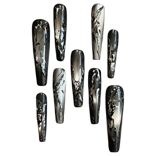 ETERNITY'C Handmade Custom Black Mirror Pressed On Wearable Nails T4984