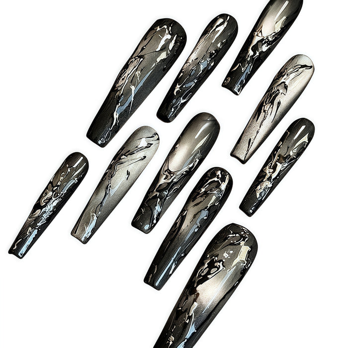 ETERNITY'C Handmade Custom Black Mirror Pressed On Wearable Nails T4984