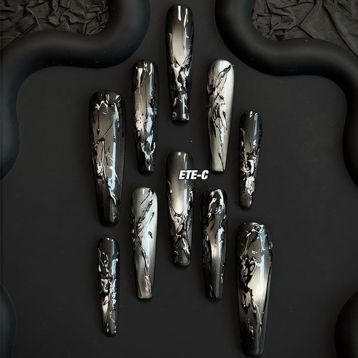 ETERNITY'C Handmade Custom Black Mirror Pressed On Wearable Nails T4984