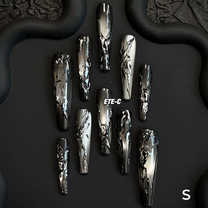 ETERNITY'C Handmade Custom Black Mirror Pressed On Wearable Nails T4984