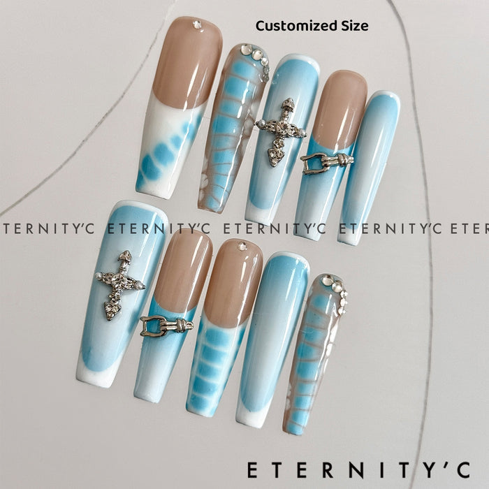 ETERNITY'C Handmade Custom Blue Python Pressed On Wearable Nails T4989