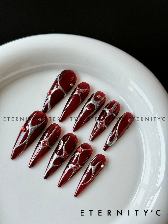 ETERNITY'C Handmade Custom Red Flame Pressed On Wearable Nails T5040