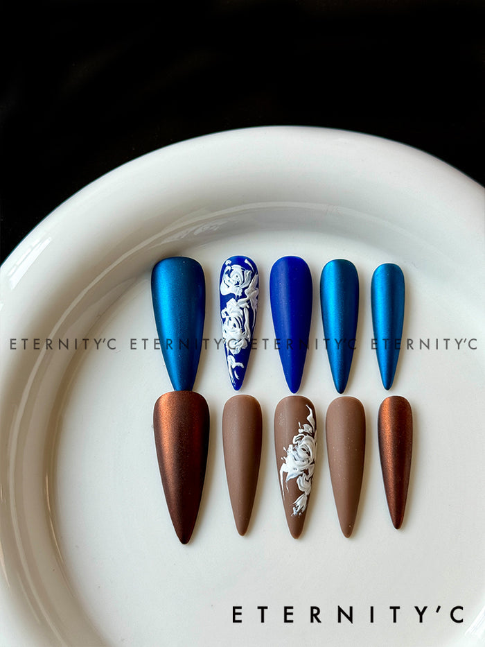 ETERNITY'C Handmade Custom Rococo 3D Flowers Pressed On Wearable Nails T5039