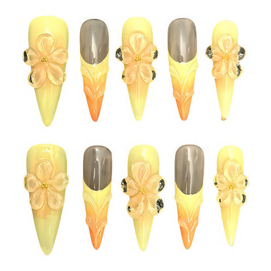 ETERNITY'C Handmade Custom Yellow Flower Pressed On Wearable Nails T4988