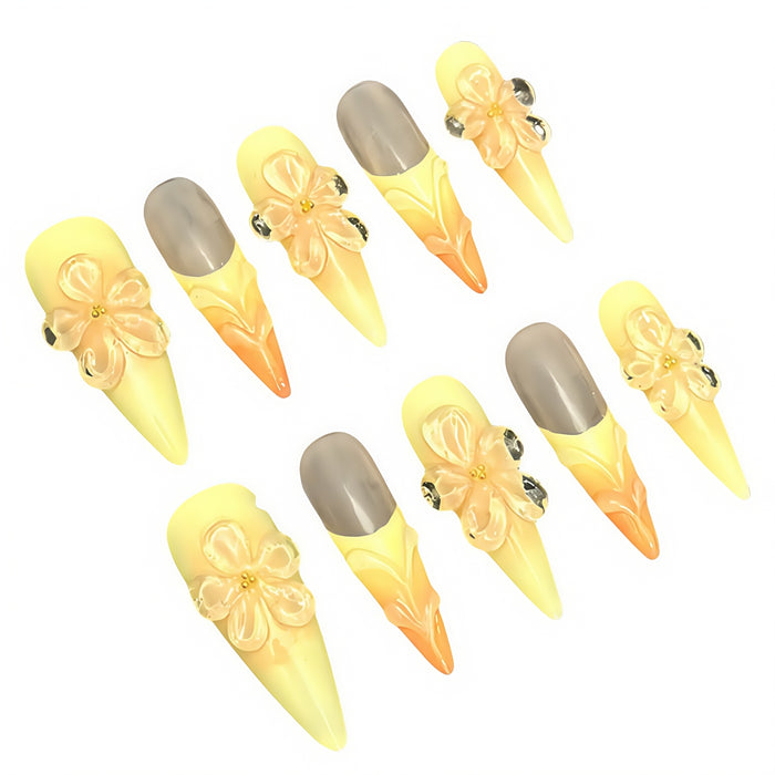 ETERNITY'C Handmade Custom Yellow Flower Pressed On Wearable Nails T4988