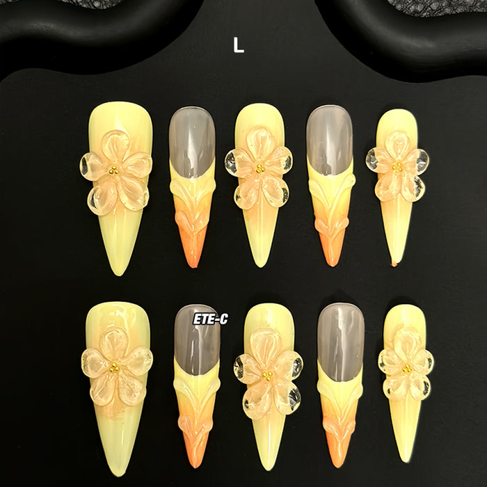 ETERNITY'C Handmade Custom Yellow Flower Pressed On Wearable Nails T4988