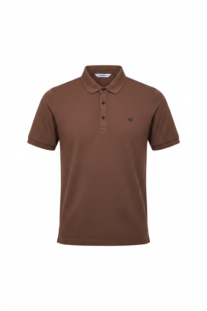 Everyday full length brown polo shirt white background