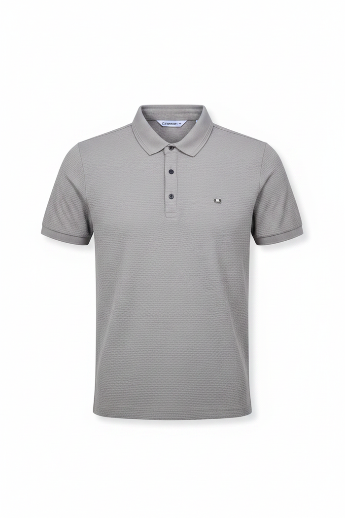 Everyday full length grey polo shirt white background