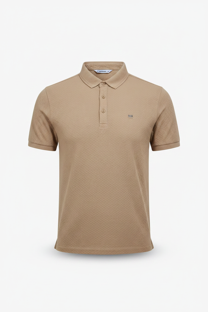 Everyday full length khaki polo shirt white background