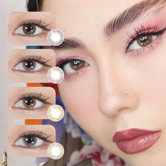 A close-up of a person’s face with pink eyeshadow and red lipstick. Beside the face, four images showcase EyeCandys Attitude Glitter Set (For Party Looks) colored contact lenses on one eye, each featuring a small sample for natural-looking contacts.