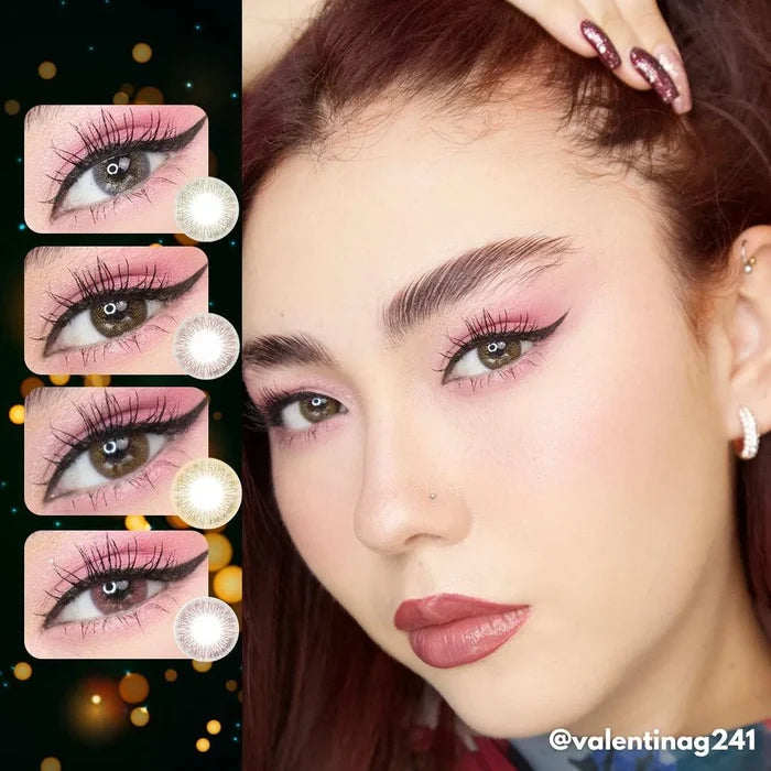 A woman with pink eyeshadow, winged eyeliner, and glossy lips poses with her hand near her face. On the left, close-ups show four EyeCandys Attitude Glitter Set (For Party Looks) styles. Text at bottom right: "@valentinag241".