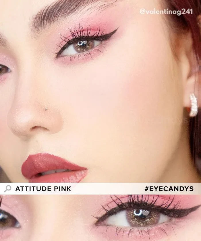 Close-up of a person with pink eyeshadow, bold black winged eyeliner, pink lipstick, and a nose stud. Featuring EyeCandys Attitude Glitter Set (For Party Looks) for a dazzling party look. Text: "ATTITUDE PINK" and "#EYECANDYS".